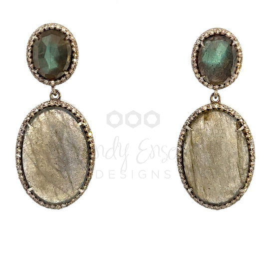 Double Oval Labradorite Earring with Pave Diamond Border