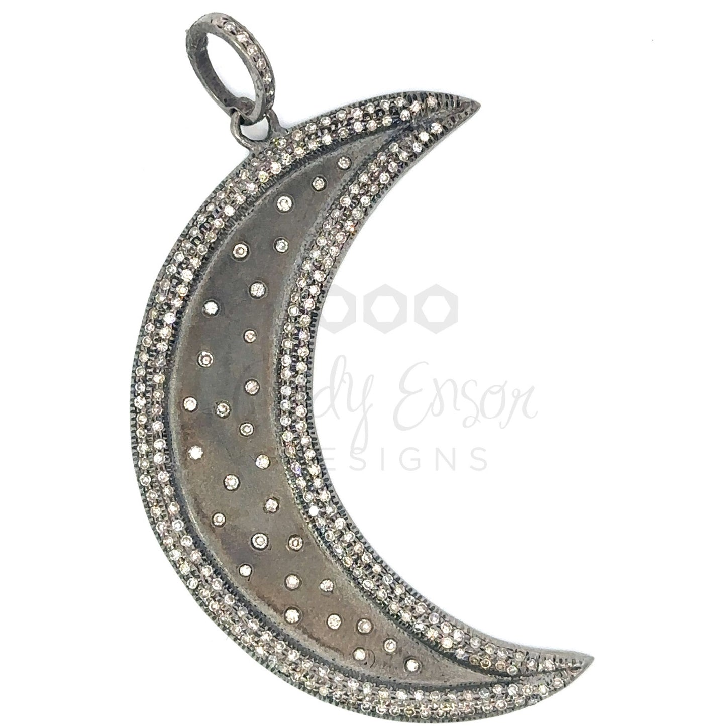 Black Metal Speckled Diamond Crescent Moon Pendant with Pave Border