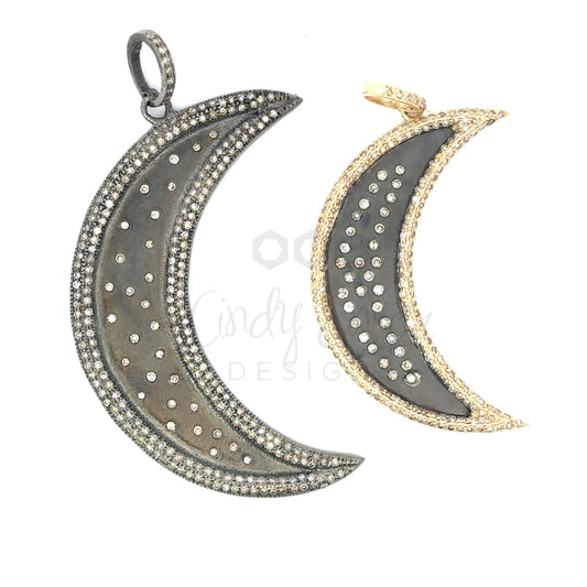 Black Metal Speckled Diamond Crescent Moon Pendant with Pave Border