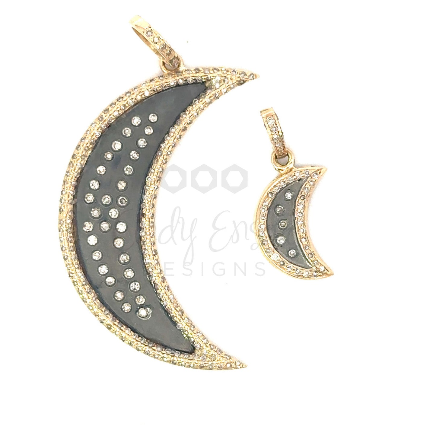 Black Metal Speckled Diamond Crescent Moon Pendant with Pave Border