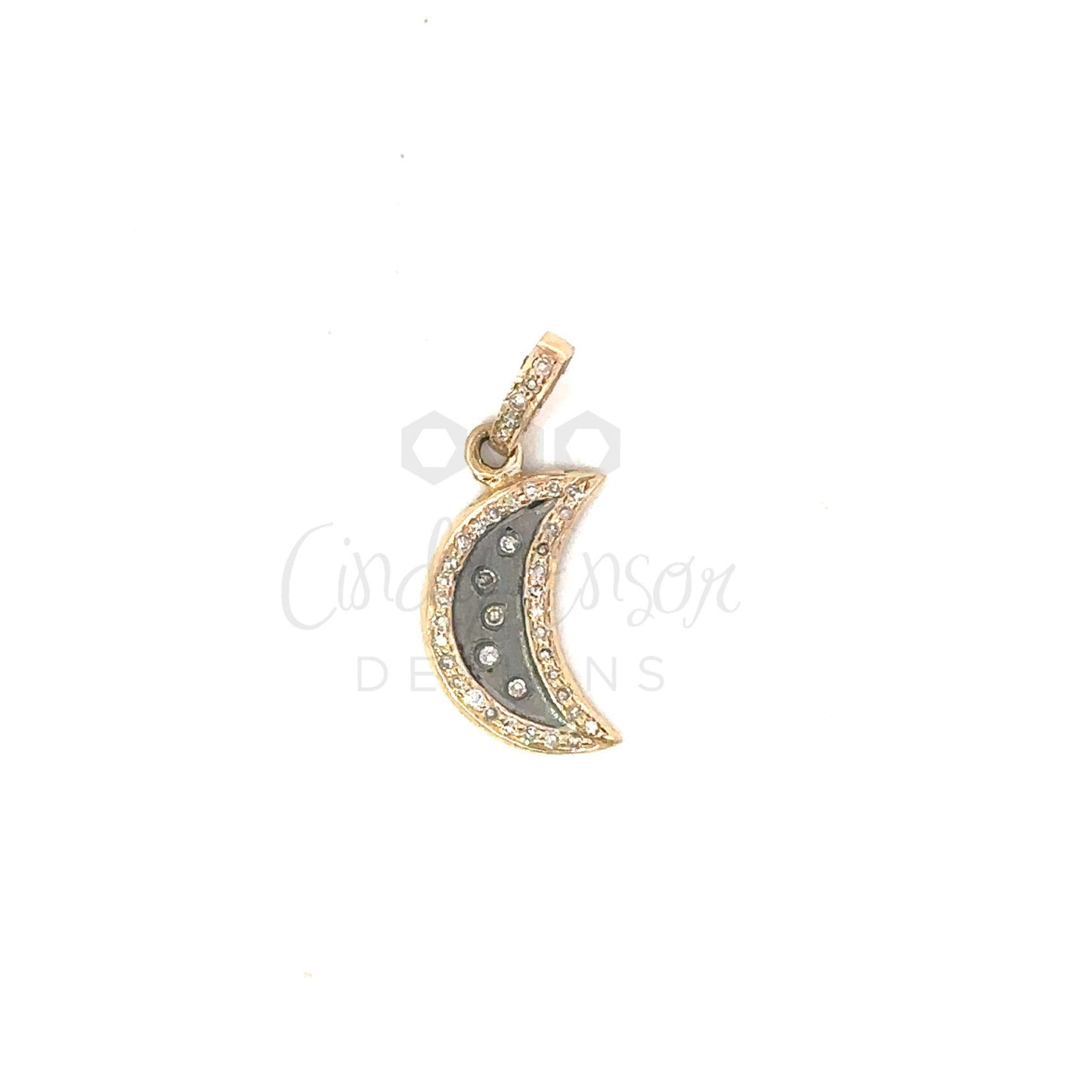 Black Metal Speckled Diamond Crescent Moon Pendant with Pave Border