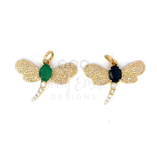 Pave Diamond Dragonfly Pendant with Colored Center Stone
