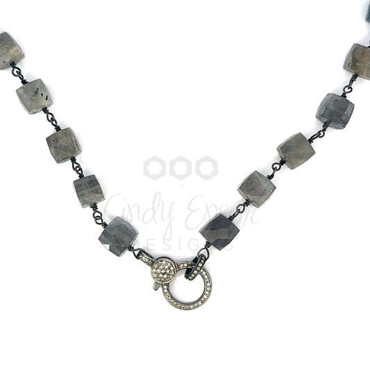 Cubed Labradorite Necklace with Single Side Pave Diamond Lobster Clasp