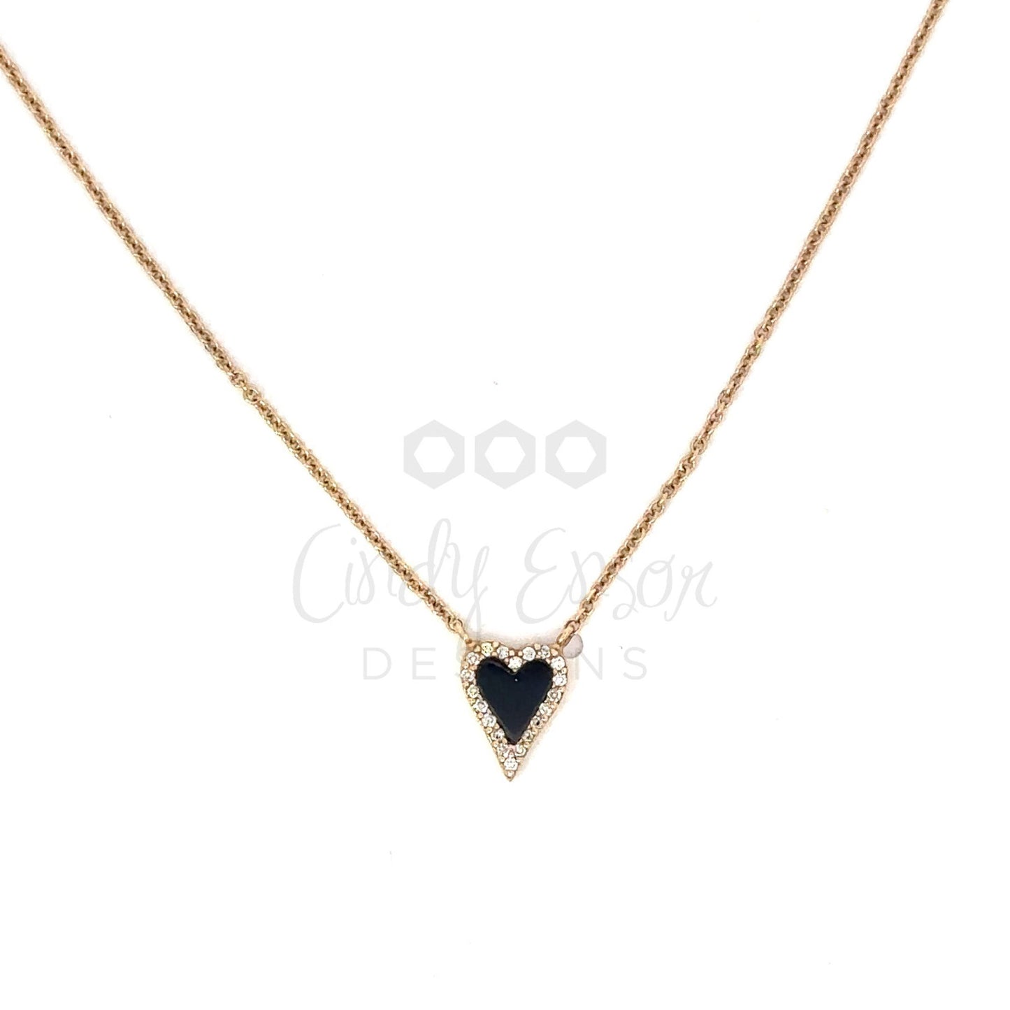 Tiny Enamel Heart Necklace with Pave Diamond Border