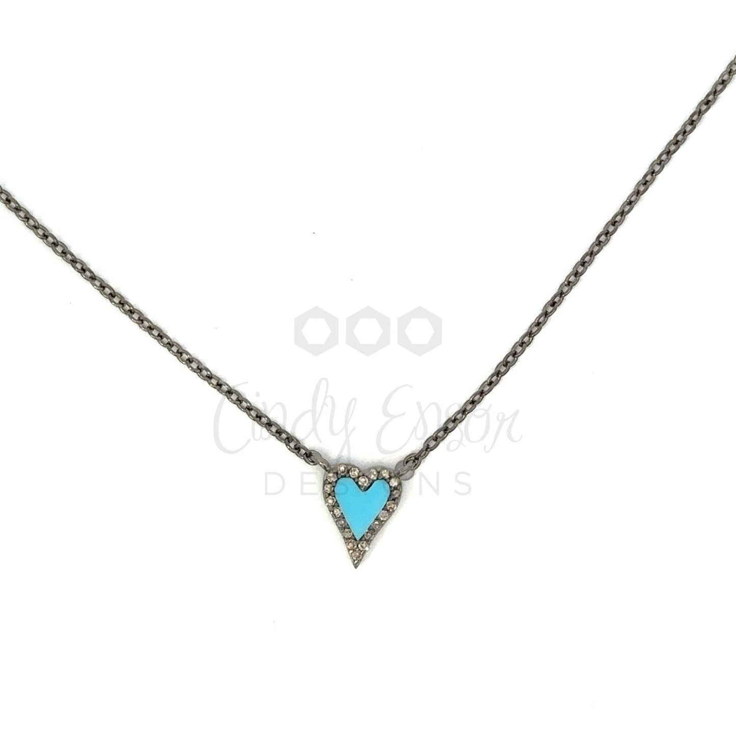 Tiny Enamel Heart Necklace with Pave Diamond Border