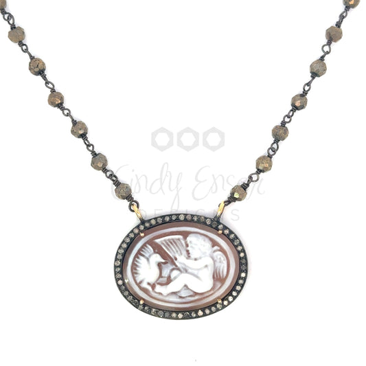 Cherub Cameo Pyrite Necklace with Pave Border