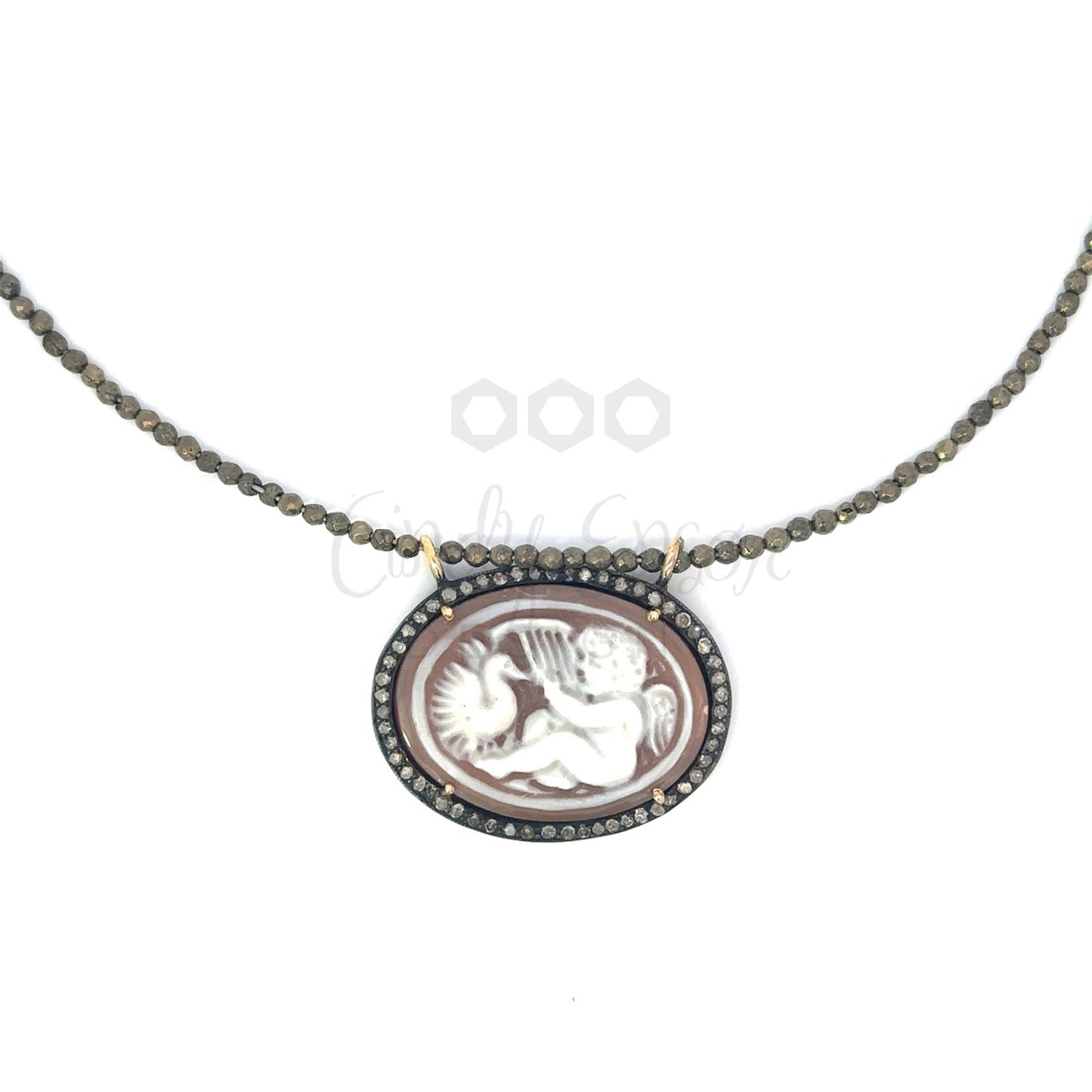 Cherub Oval Cameo Strung Pyrite Necklace with Pave Border