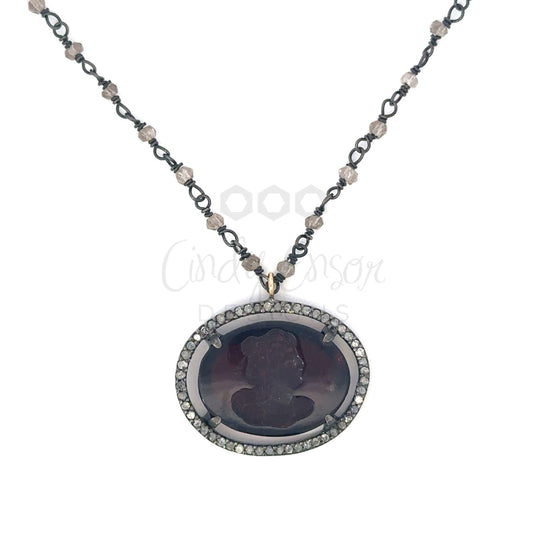 Amber Oval Cameo Necklace with Pave Diamond Border