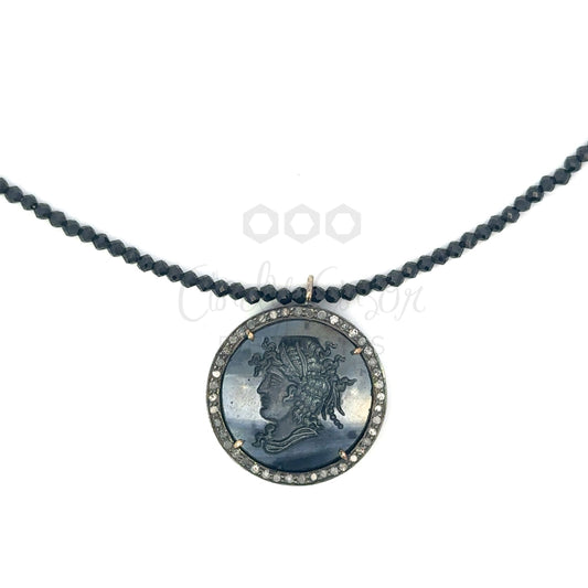 Black Onyx Intaglio Black Spinel Necklace with Pave Diamond Border