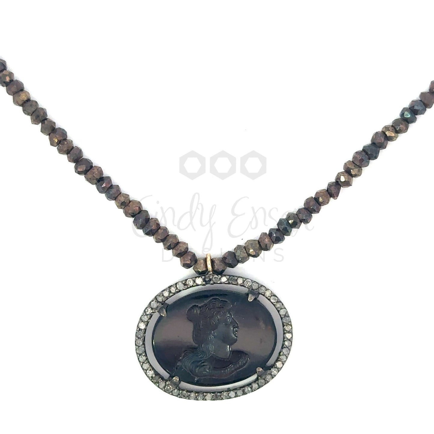 Amber Oval Cameo Necklace with Pave Diamond Border