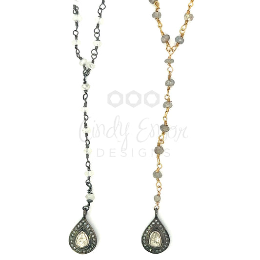 Y-Drop Rosary Chain Necklace with Rose Cut Diamond Tear Drop