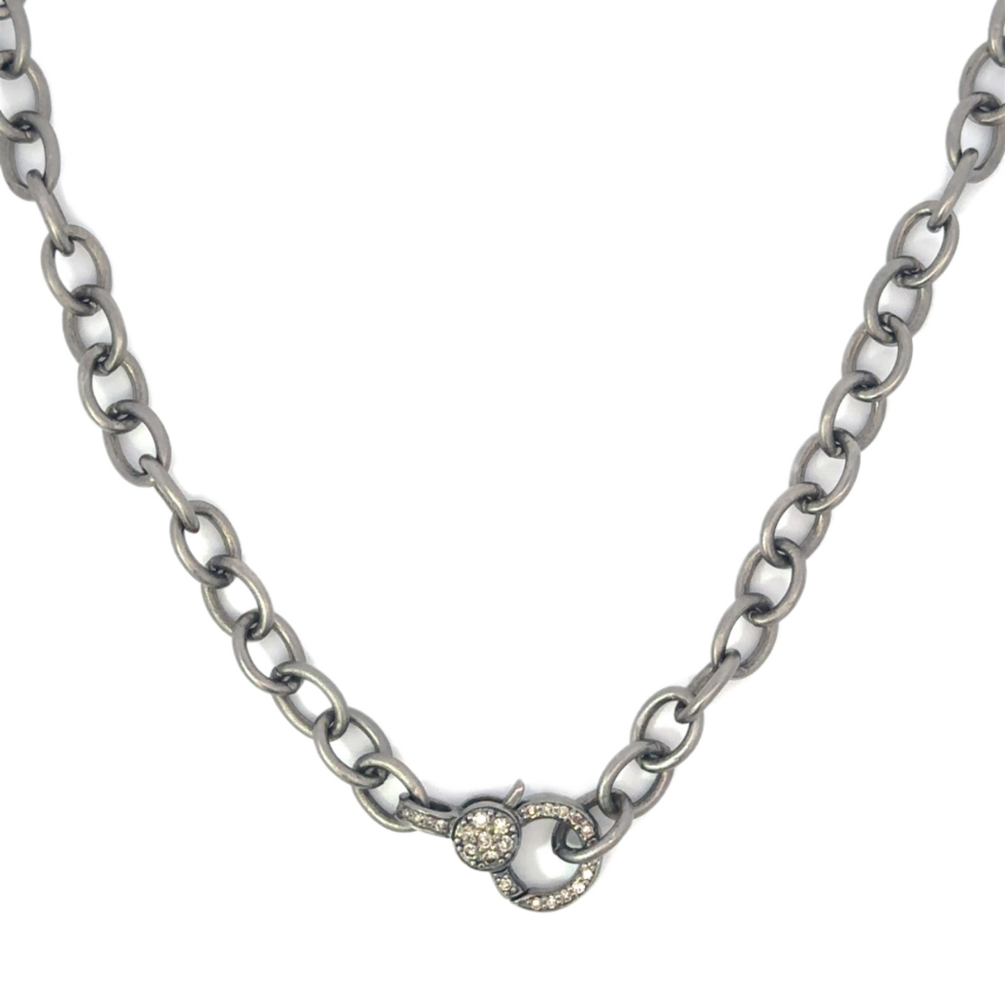 Sterling Silver Matte Oval Link Necklace with Small Pave Diamond Lobster Clasp