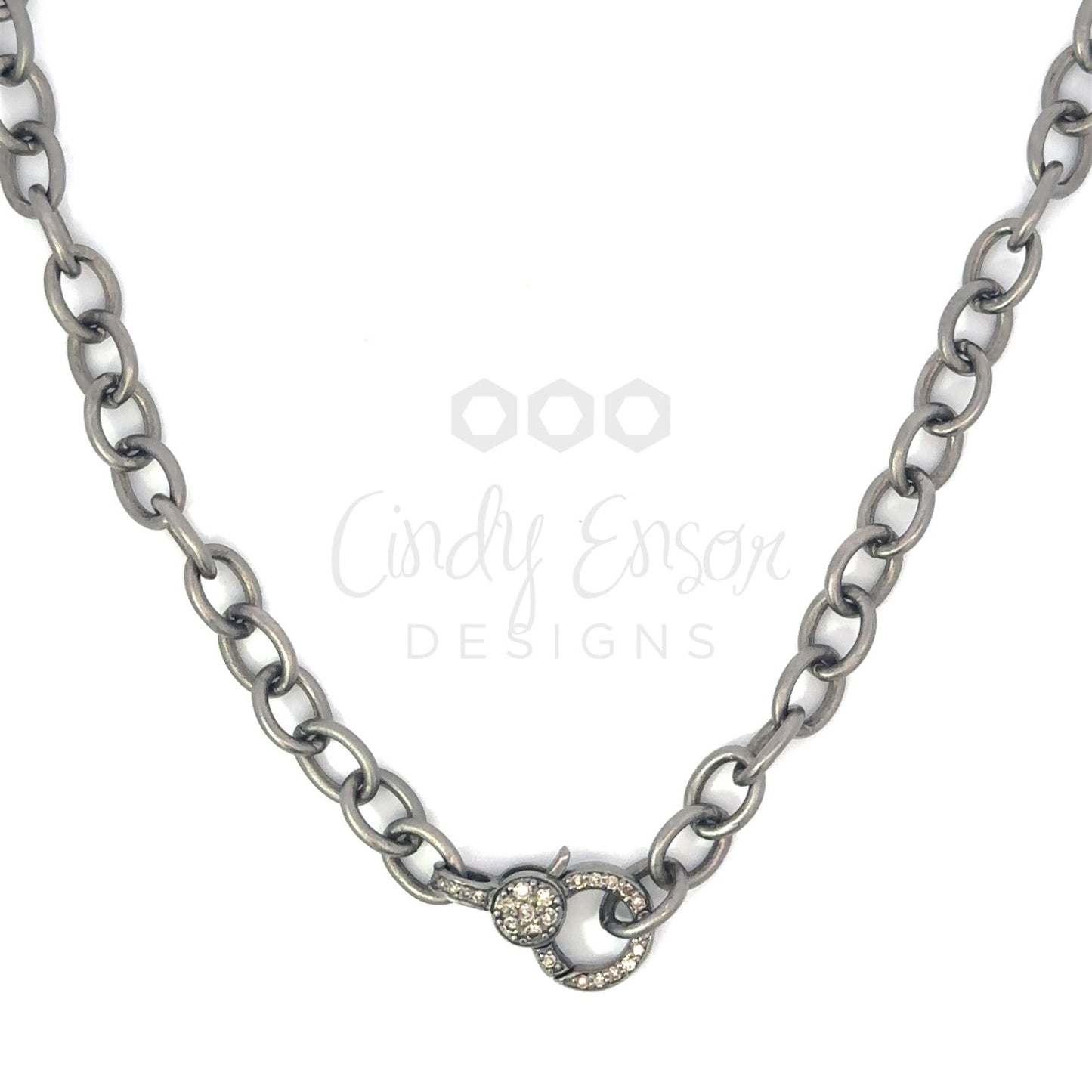 Sterling Silver Matte Oval Link Necklace with Small Pave Diamond Lobster Clasp