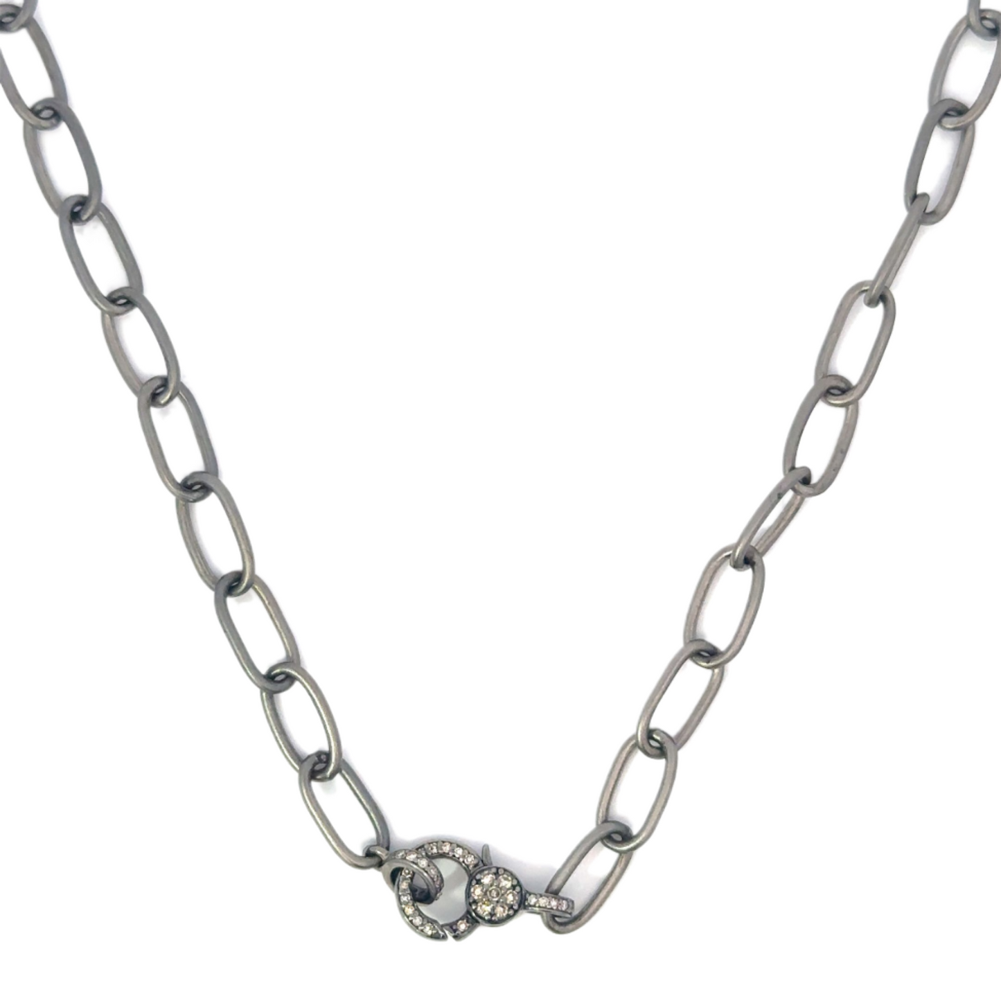 Sterling Silver Matte Oval Link Necklace with Small Pave Diamond Lobster Clasp
