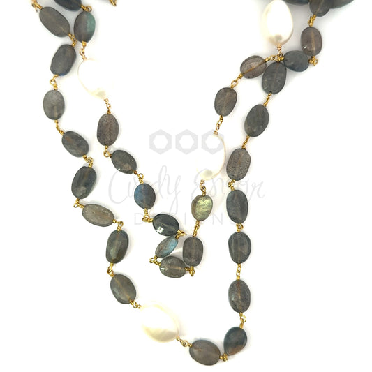 Oblong Shaped Labradorite Necklace with Baroque Pearls