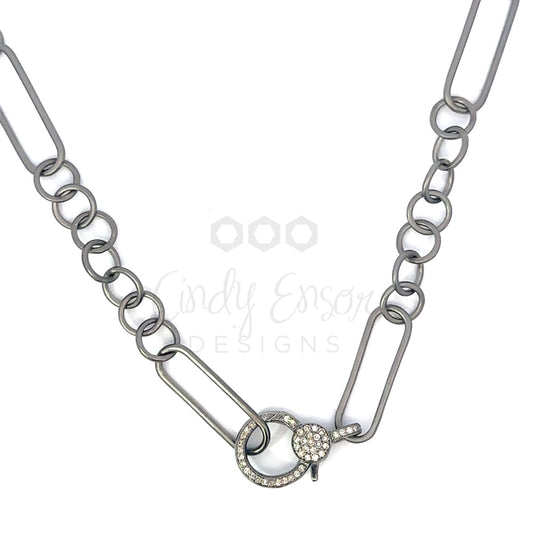 Sterling Silver Matte Vintage Link Necklace with Pave Diamond Lobster