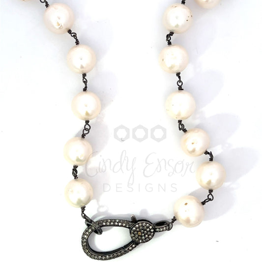 Wire Wrapped White Fresh Water Pearl Necklace with Elongated Pave Diamond Lobster