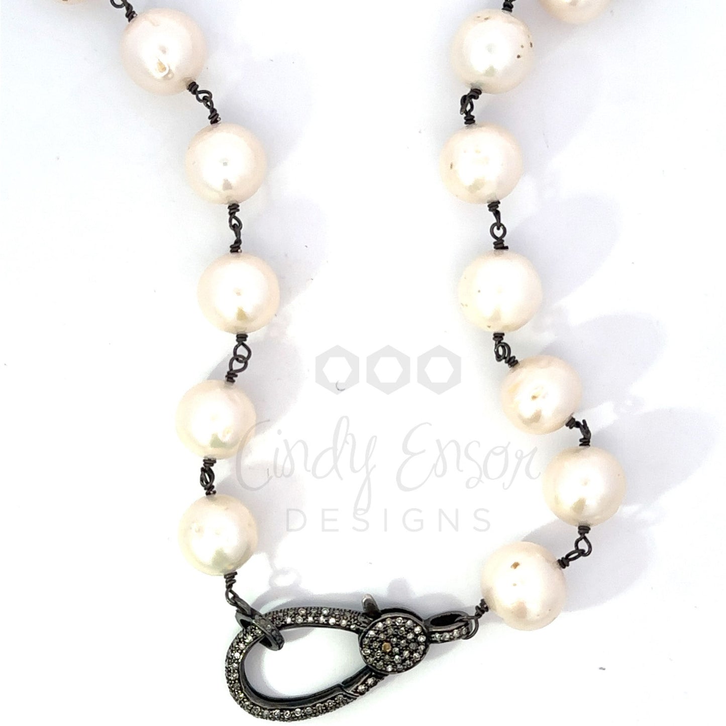 Wire Wrapped White Fresh Water Pearl Necklace with Elongated Pave Diamond Lobster