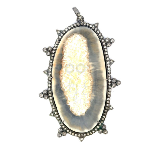 Oval Wooly Mammoth Pendant with Pave and Bezeled Diamond Border