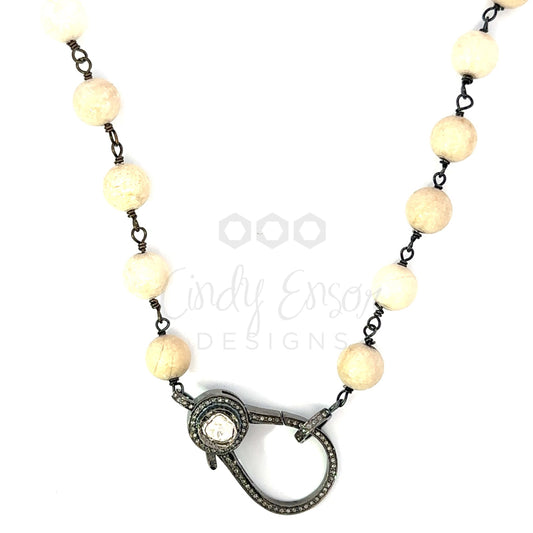 Ivory Agate Bead Necklace with Rose Cut Diamond Lobster