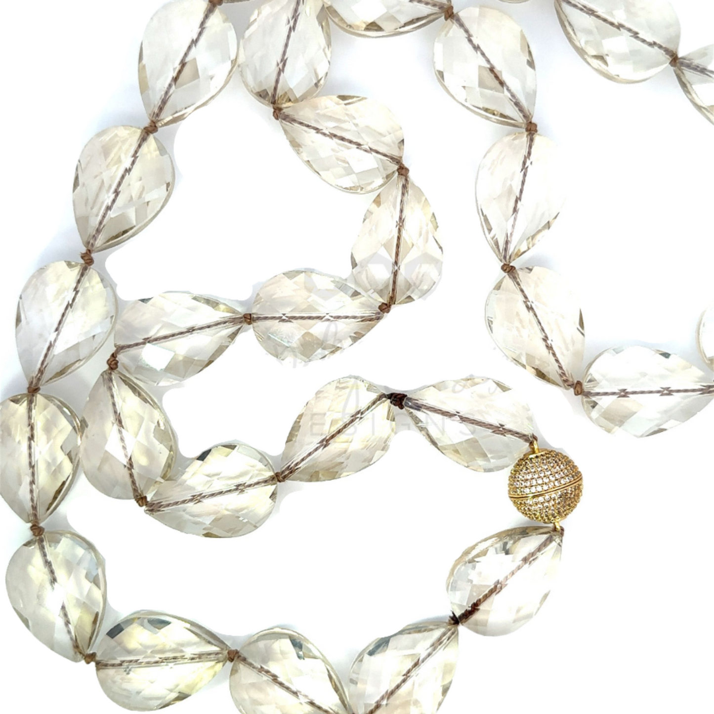 Hand Knotted Champagne Crystal Necklace with Gold Plated Magnetic Closure