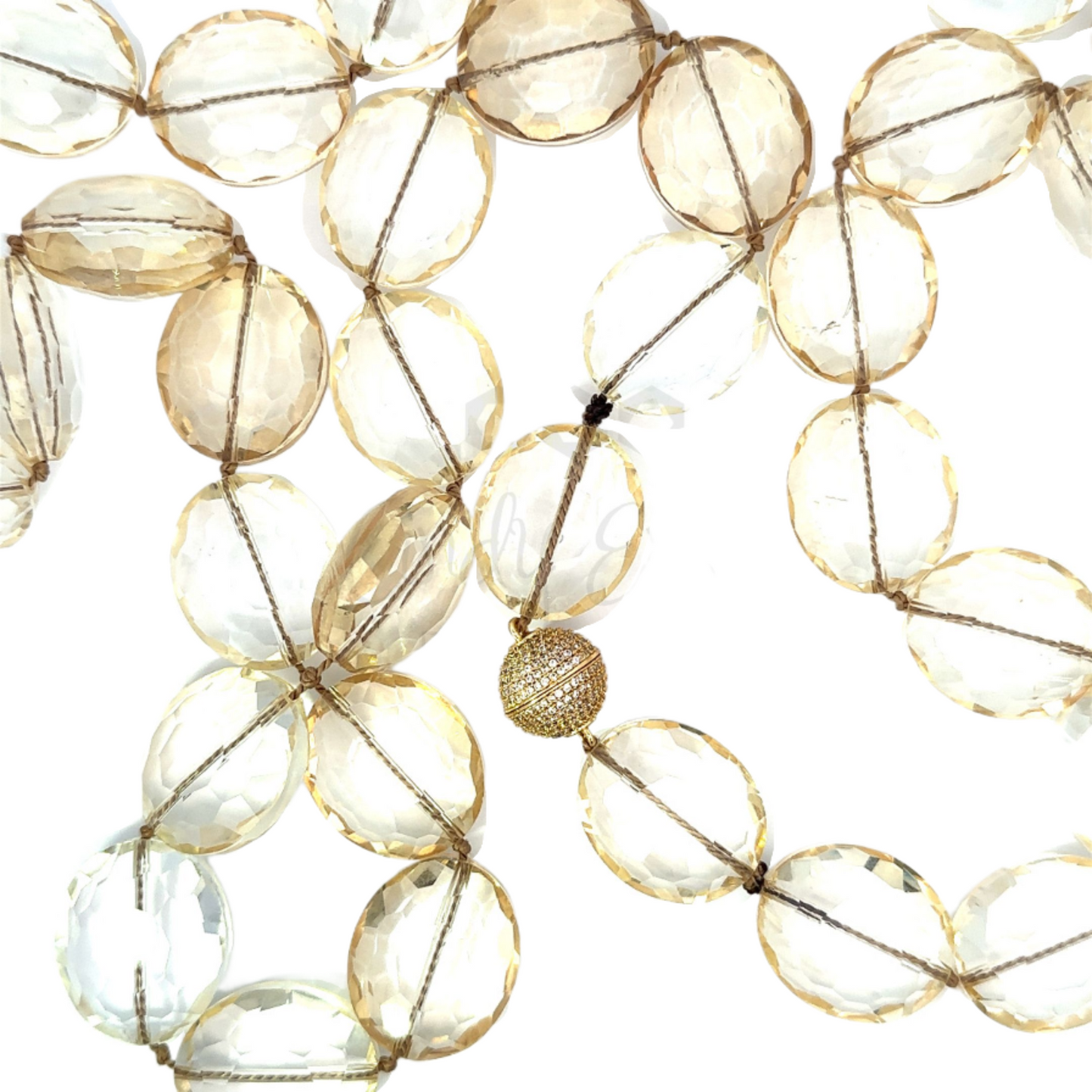 Hand Knotted Champagne Crystal Necklace with Gold Plated Magnetic Closure