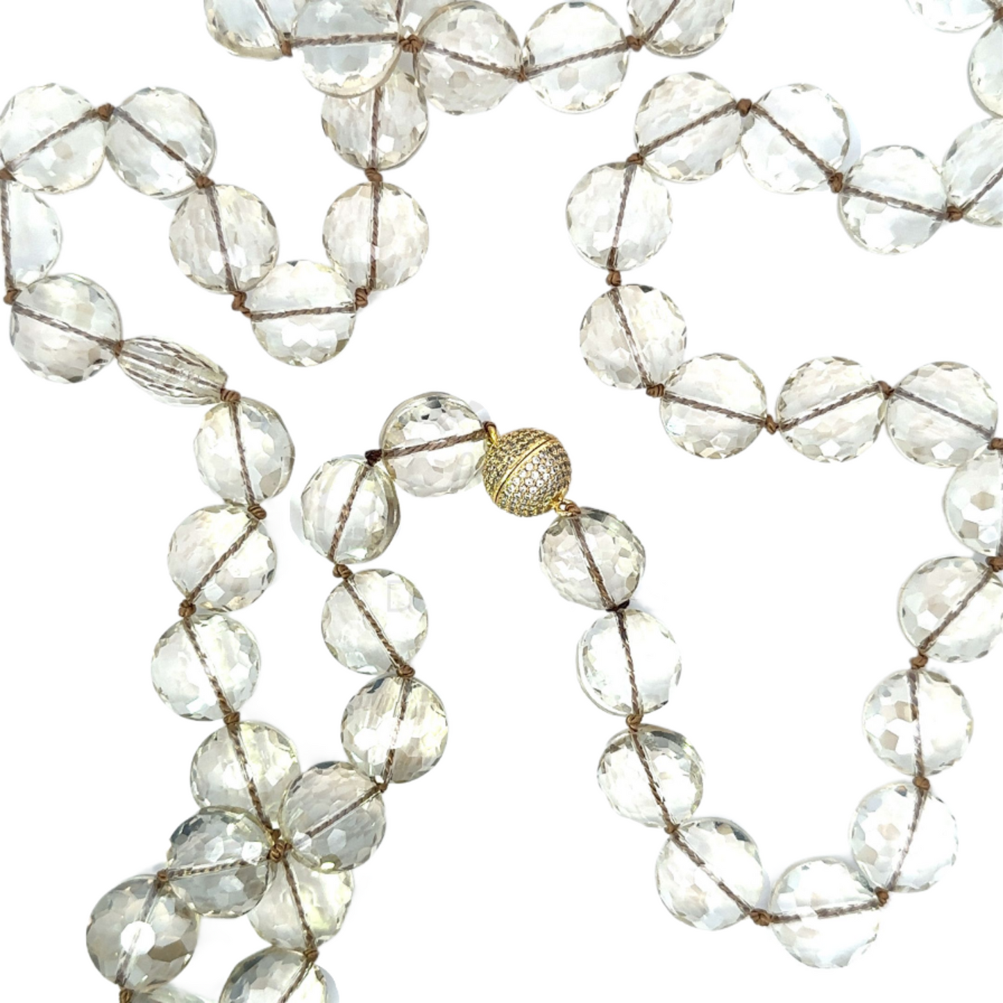 Hand Knotted Champagne Crystal Necklace with Gold Plated Magnetic Closure