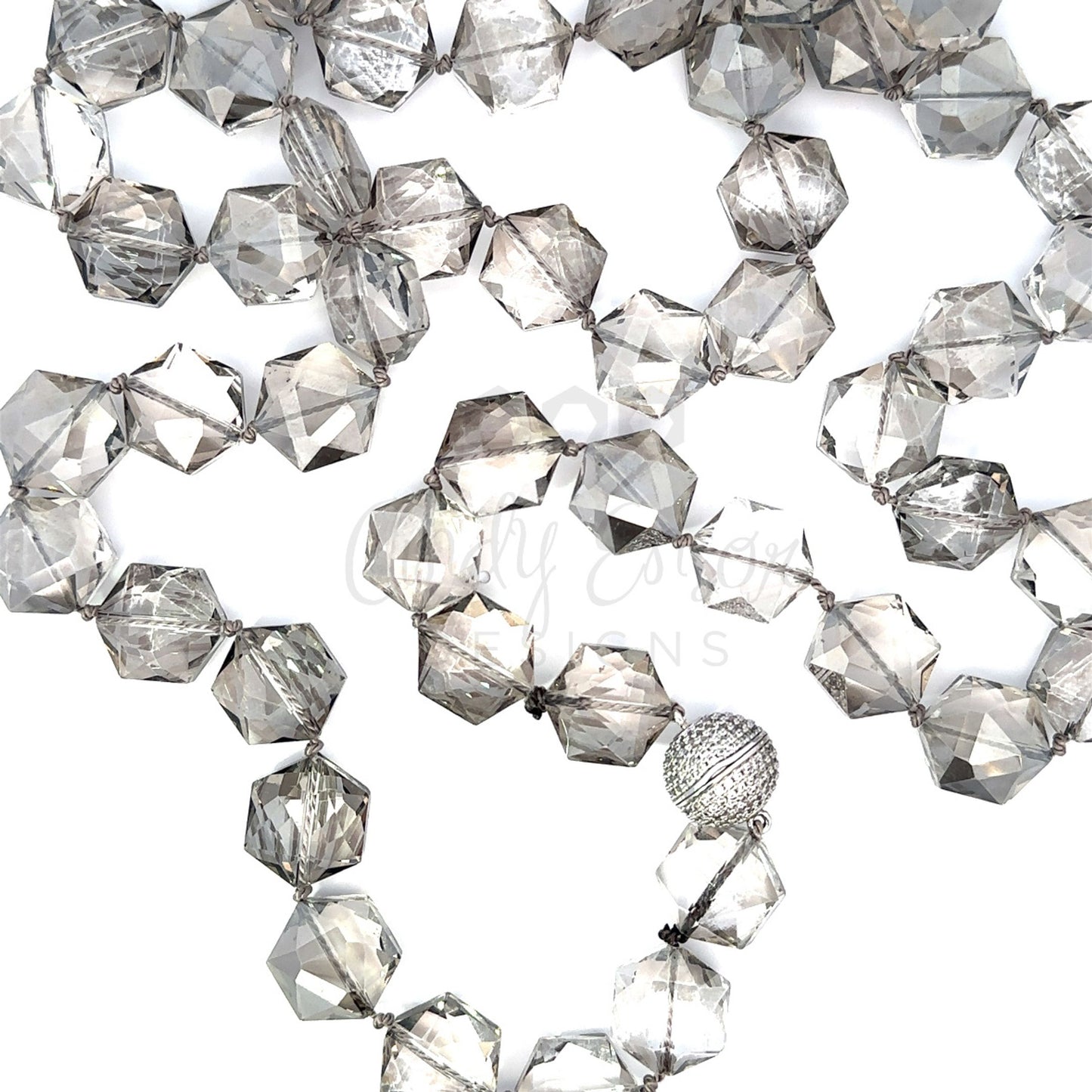 Hand Knotted Grey Crystal Necklace with Silver Magnetic Closure