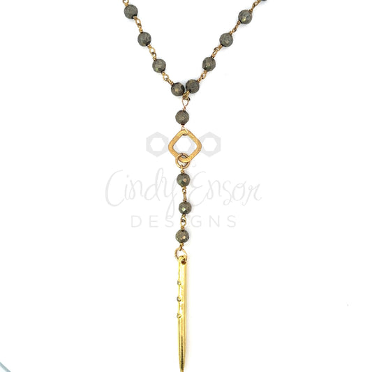 Pyrite Single Spike Y-Drop Necklace with Square Gold Accent