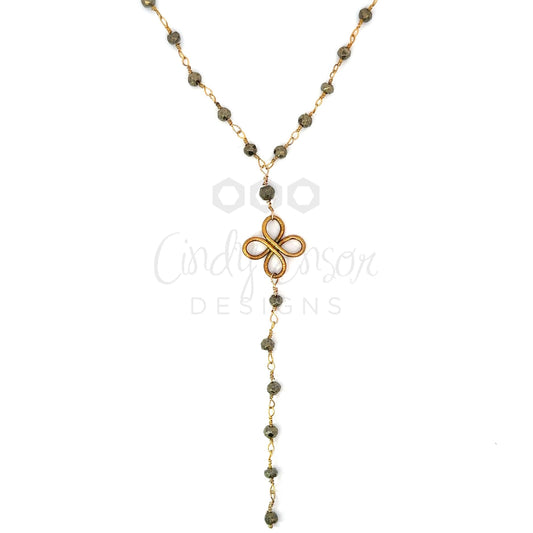 Pyrite Y Drop Necklace with Vermeil Clover Cross Accent