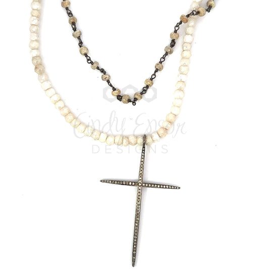 White Sapphire Double Chain Necklace with Large Pave Diamond Cross
