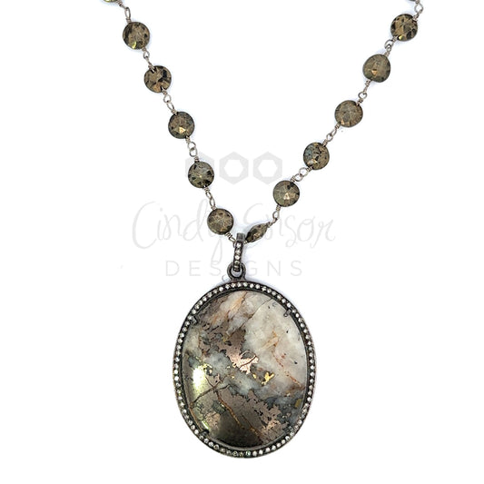 Coin Pyrite Necklace with Oval Stone Pave Diamond Pendant