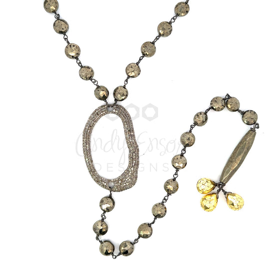 Coin Pyrite Y Drop Necklace with Pave Diamond Organic Pendant