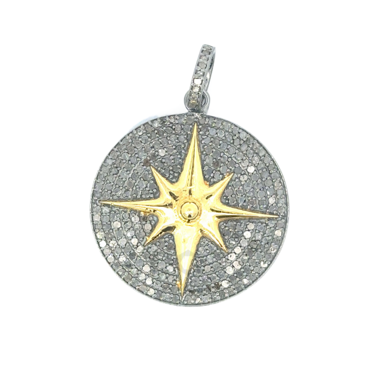 Pave Diamond Disc Pendant with 8 Point Star and Center Stone