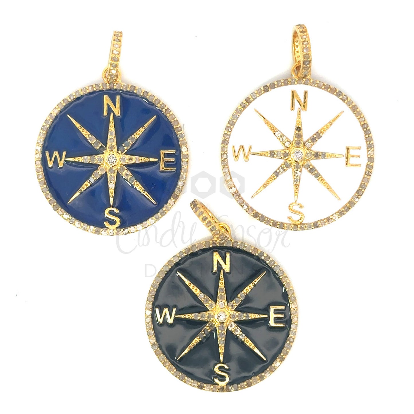 Enamel Compass Pendant with Pave Diamond Accents