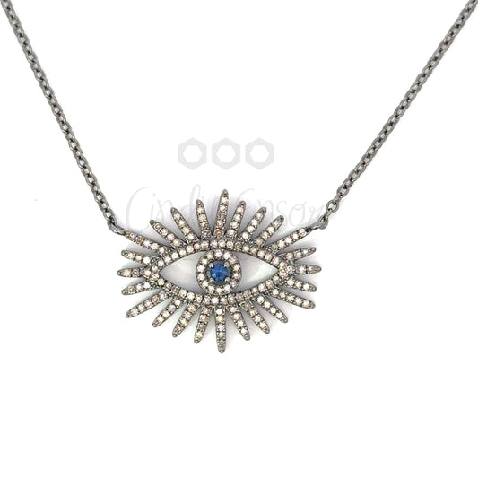 Large Pave Diamond and Blue Sapphire Evil Eye Necklace