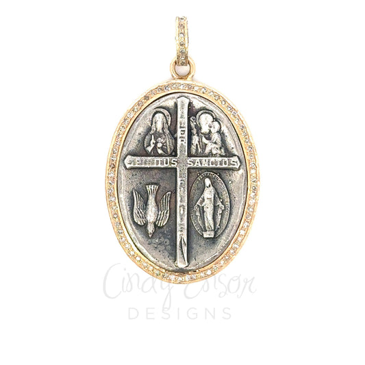 Sterling Silver and Yellow Gold Oval Religious Pendant with Pave Diamonds