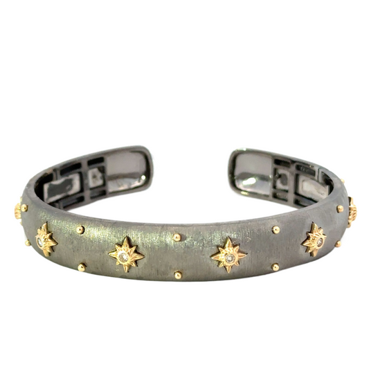Brushed Sterling Cuff with Yellow Gold Diamond Accents