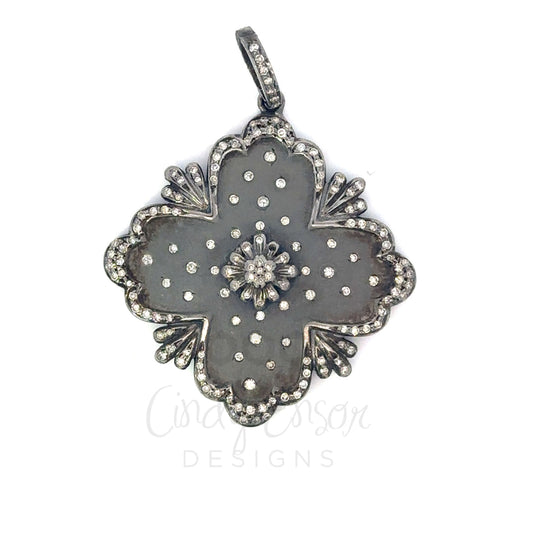 Black Metal Cross Shaped Pendant with Diamond Accents