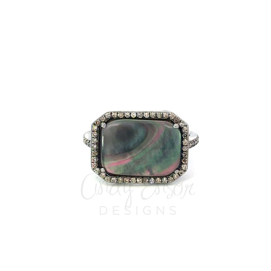 Black Mother of Pearl Rectangle Ring with Pave Diamond Border
