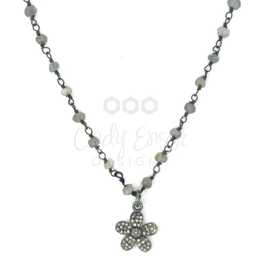 Labradorite Rosary Chain Necklace with Pave Diamond Flower