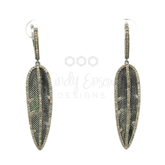 Feather Drop Earring with Pave Diamond Border