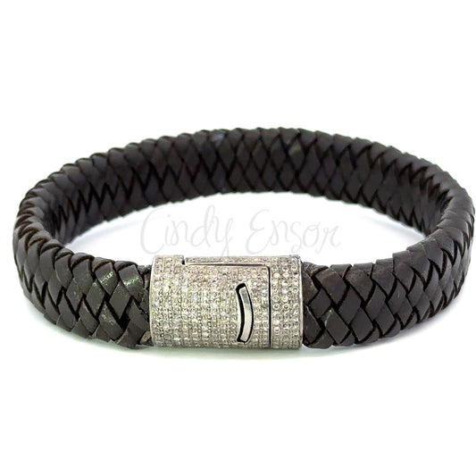 Men's Sterling and Leather Bracelet with Pave Diamonds