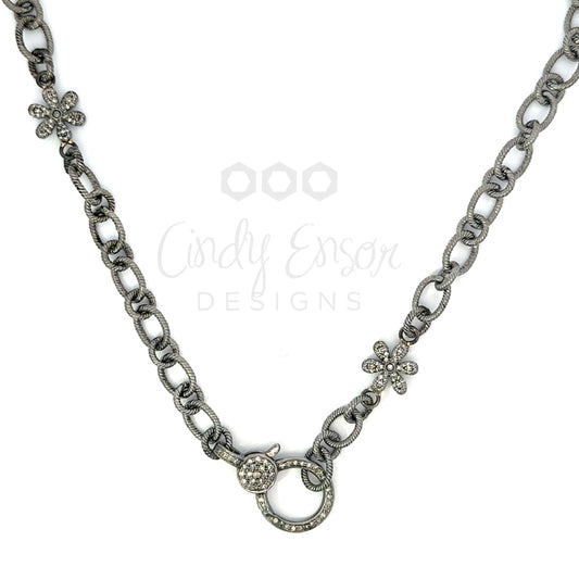 Short Oval Link Sterling Chain Accented by Two Sterling Pave Flowers and Sterling Pave Lobster