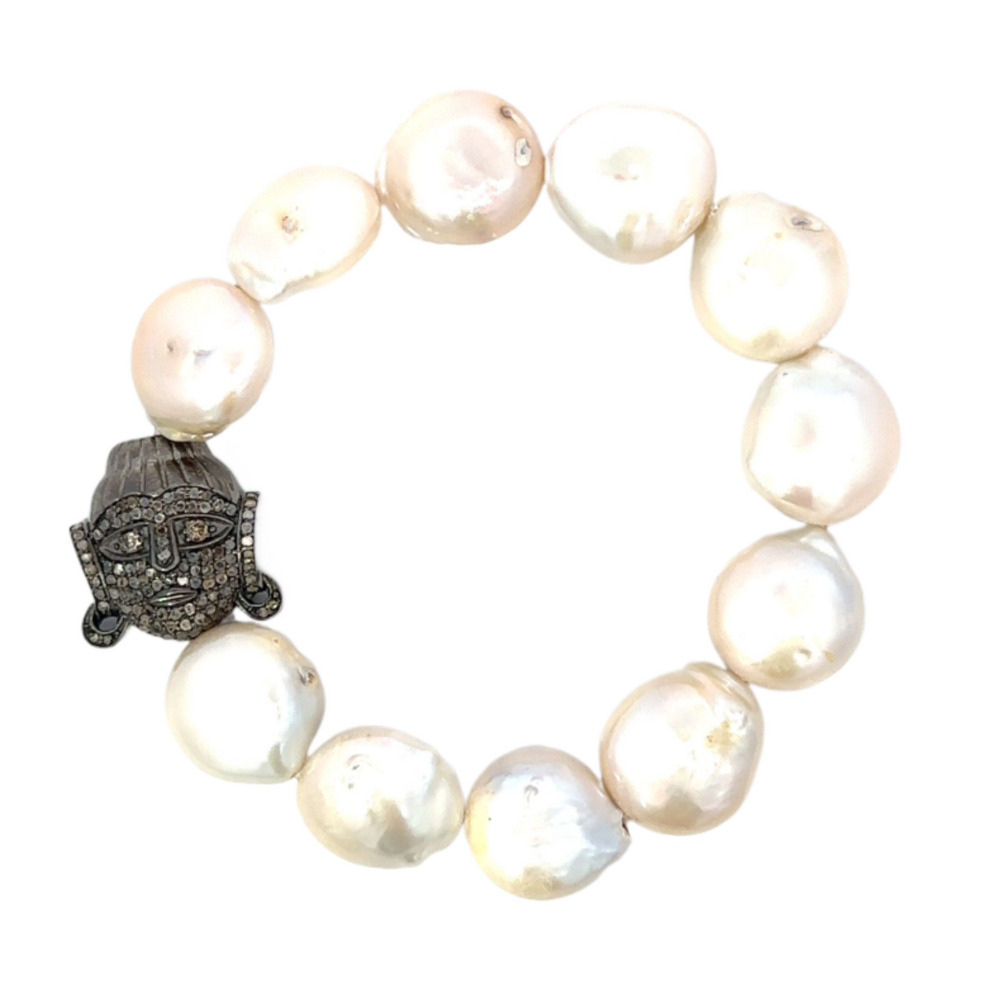 Flat Pearl and Large Sterling Pave Diamond Buddha Bracelet
