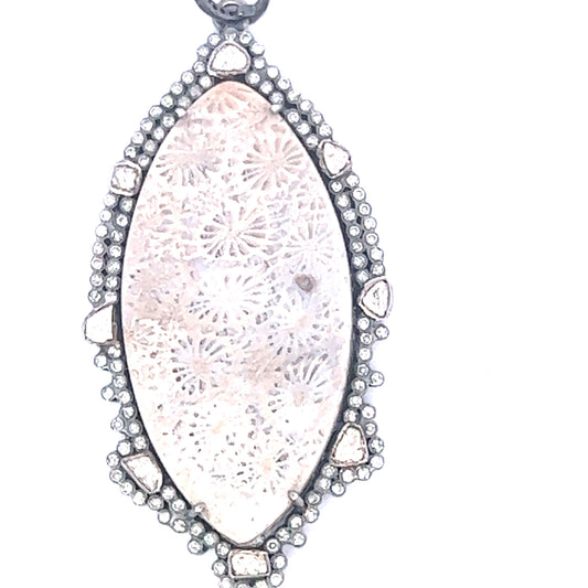 Oval Shaped Fossilized Sand Dollar Pendant with Rose Cut Diamond Border