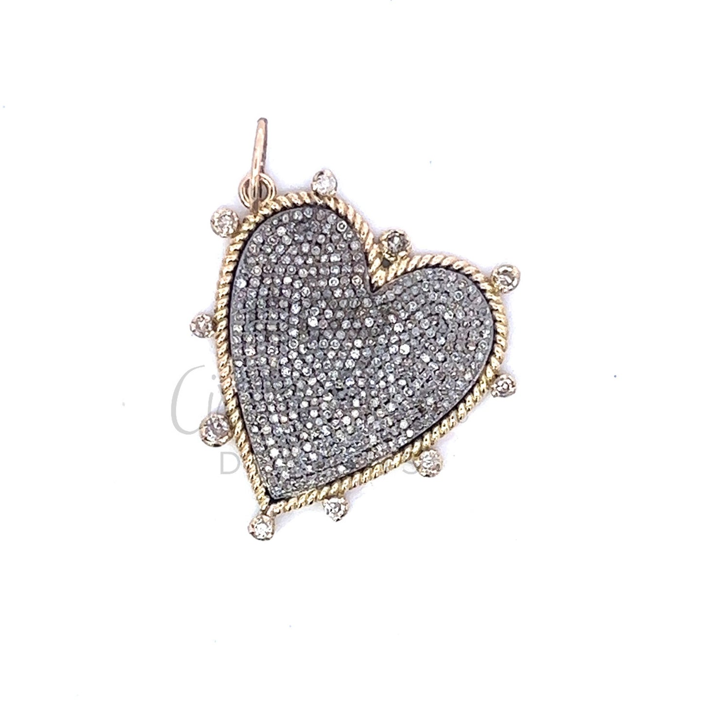 Mixed Metal Pave Diamond Heart Pendant with Bezeled Accents