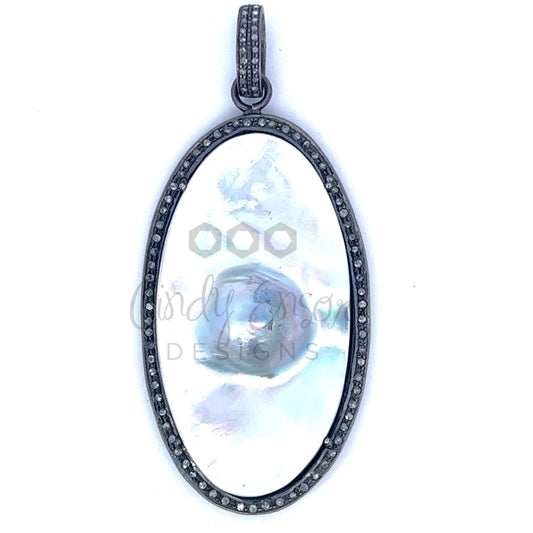 Mabe Pearl Pendant with Sterling Pave Diamond Border