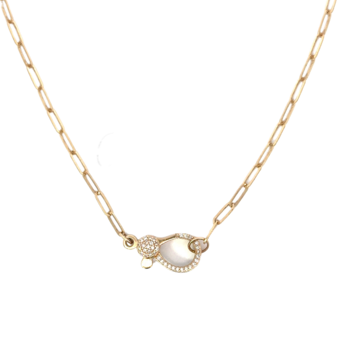 Yellow Gold Paper Clip Necklace with Pave Diamond Lobster