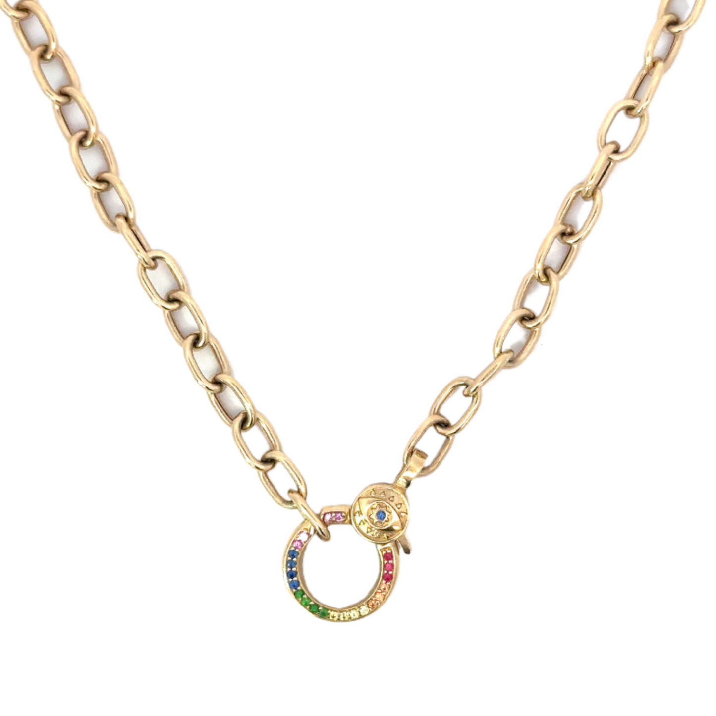 Yellow Gold Oval Link Lobster Clasp Necklace with Rainbow Sapphire Evil Eye Accent